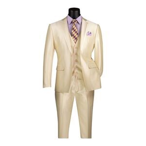 MEN'S VINCI 3 PIECE SLIM FIT SUIT CHAMPAGNE-BEIGE SATIN LOOK FABRIC. SV2D-1
